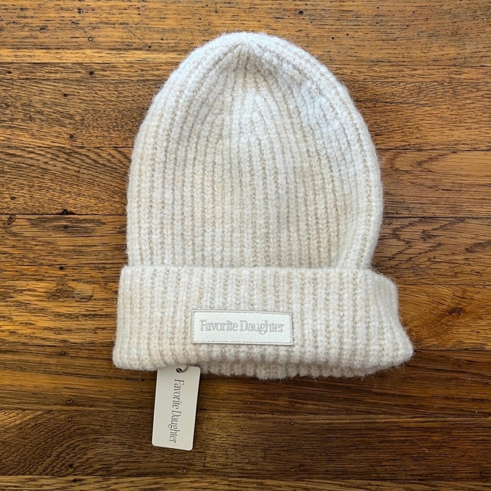Favorite Daughter Logo Patch Rib Beanie Hat Ivory New with Tags